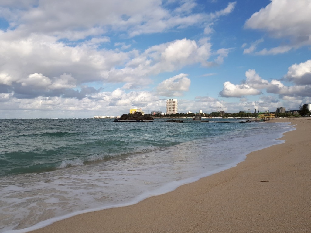 A view of the beach with the city landscape in the background
