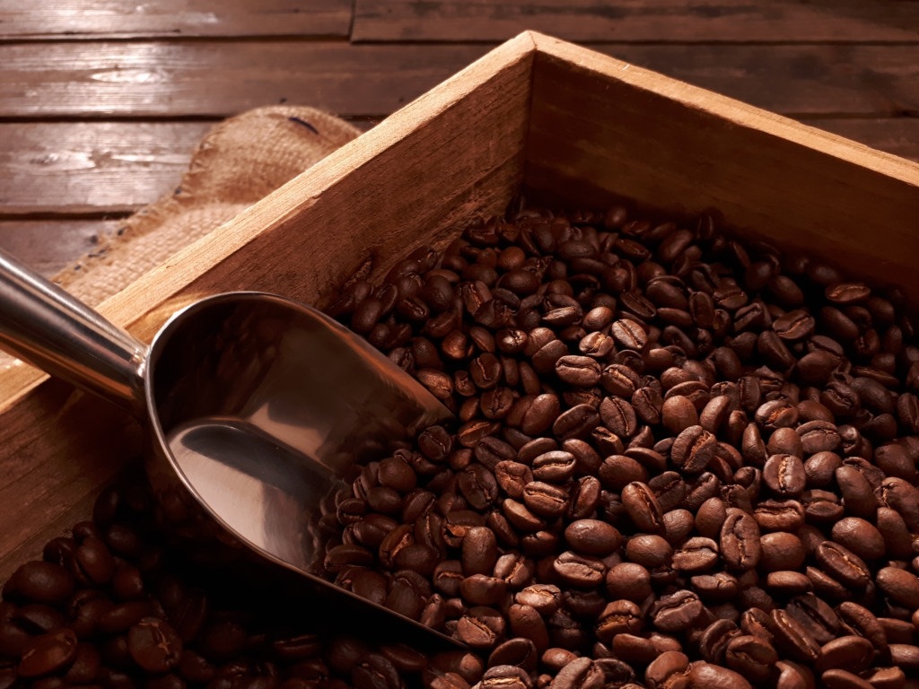 Close up of coffee beans in a crate