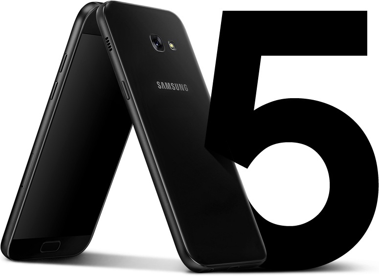 Vista frontal y lateral del Galaxy A5 (2017) para destacar su diseño uniforme sin protuberancias.
