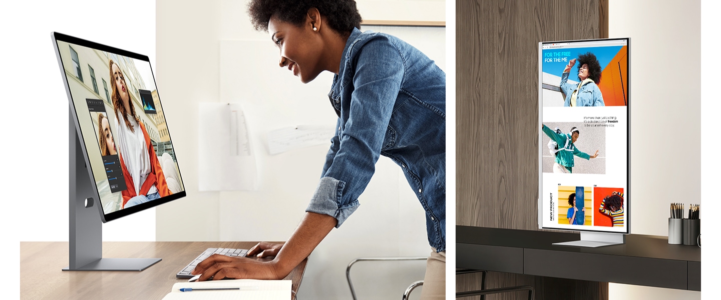 A woman working with a tilted monitor. Another monitor is rotating to show a longer screen. The monitor rotates back and the stand is lowered.
