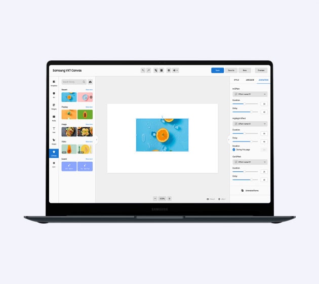Layar GUI Samsung VXT yang membuat konten promosi ditampilkan di layar laptop.