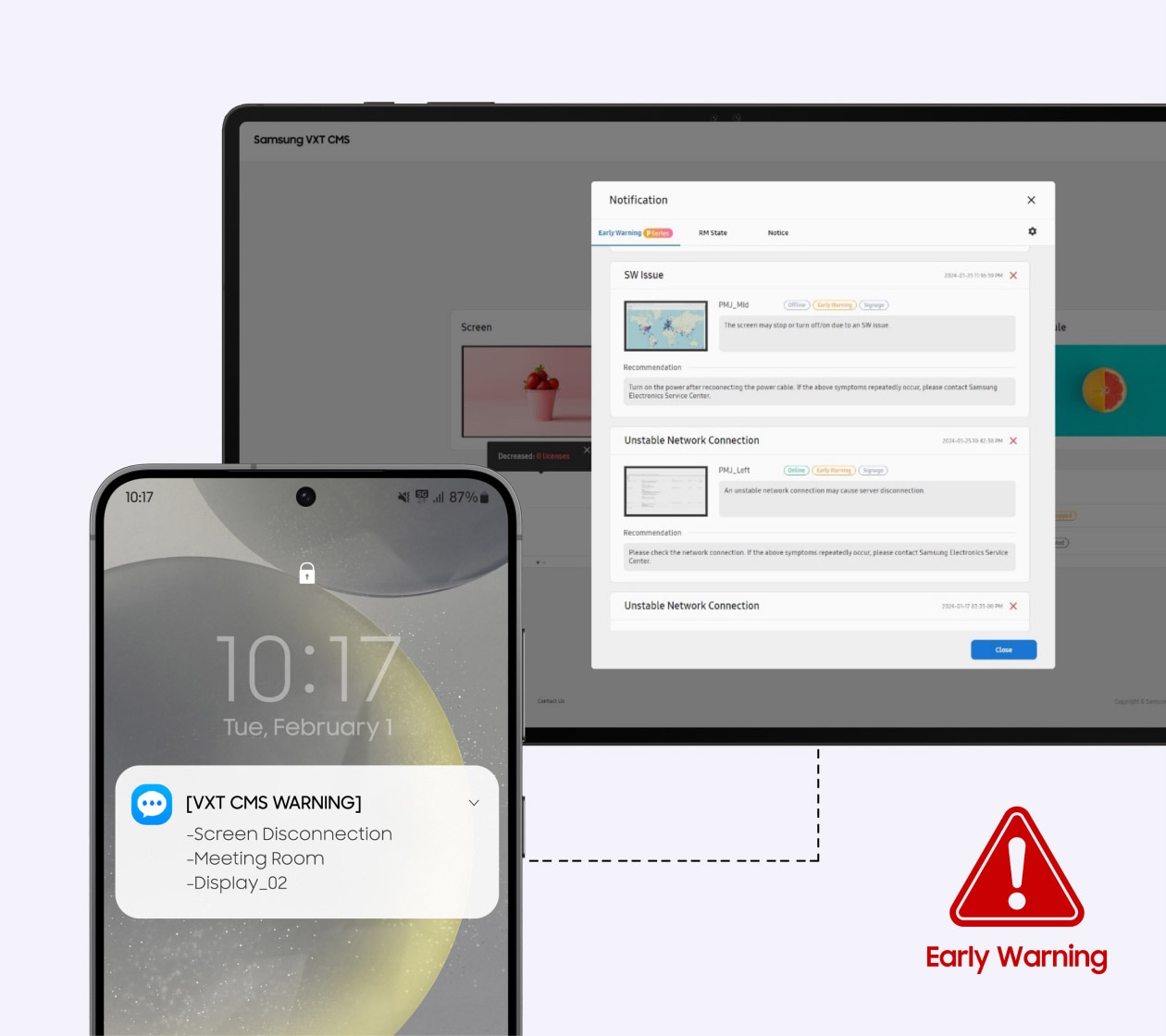 Pesan peringatan dari Samsung VXT diterima di ponsel, memberitahukan tentang sinyal Wi-Fi yang lemah di layar. Di pojok kanan bawah, terdapat ikon dengan teks "Early Warning".