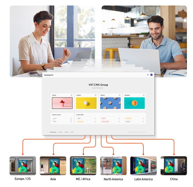 Layar utama Samsung VXT muncul di antara pria dan wanita yang sedang bekerja dengan laptop mereka. Samsung VXT menghubungkan layar yang dipasang di berbagai wilayah, termasuk Eropa/CIS, Asia, Timur Tengah/Afrika, Amerika Utara, Amerika Latin, dan China.