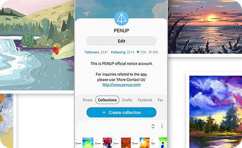 Captura de tela do perfil PENUP e designs criados com PENUP.