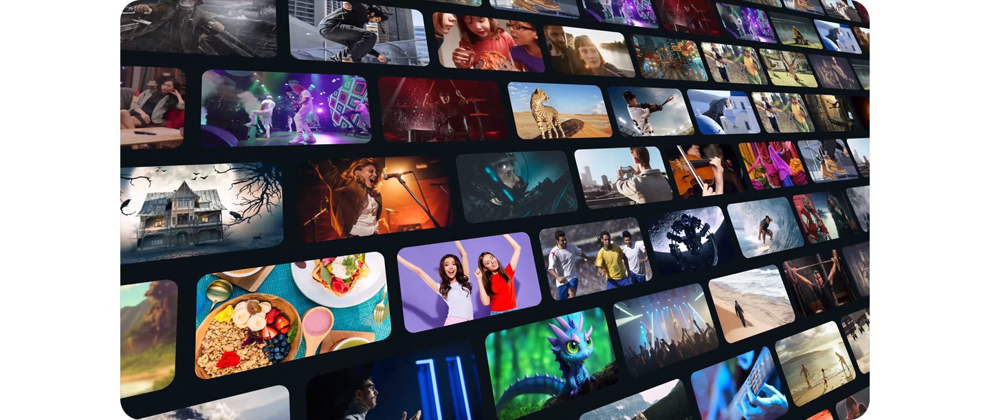 An array of panels with different streaming options are on display. The view suddenly zooms through the panels to arrive at the words Endless Free Content. The words Samsung Tizen OS appear in a colorful stylized format, followed by various video scenes blinking on the word Tizen. Then the words Endless Free Content appear once more. Finally, the words Upscale Your Entertainment appear on screen along with various screens with scenes from different shows and movies, accompanied by words like drama, music and movie.