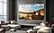 A 98 inch Supersize TV is mounted on a wall in a living room displaying nature.