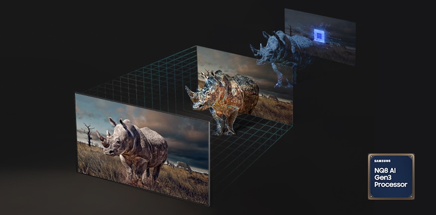 Показани са 3-те стъпки за изграждане на изображение на реалистично изглеждащ носорог на екрана, с помощта на технологията Real Depth Enhancer.