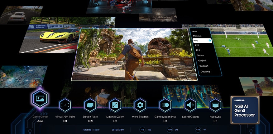 From an array of gaming scenes, the screen powered by Samsung's NQ8 AI Gen3 Processor, detects the one in the center as "RPG" and automatically optimizes the settings. The bottom of the screen displays the Game Genre, Input Lag, resolution, FPS, HDR and VRR. It also shows other settings and features such as Virtual Aim Point, Screen Ratio, Minimap Zoom, More Settings, Game Motion Plus, Sound Output, Hue Sync and Help Guide.