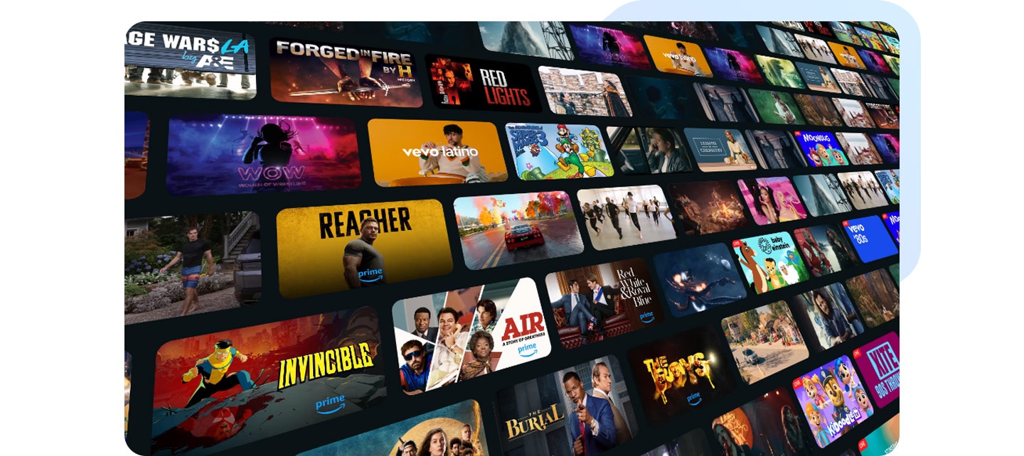 The logos of Netflix, YouTube, Amazon Prime Video, Disney+ and Apple TV are on display. In between these logos are people sporting joyful smiles while engrossed in content.