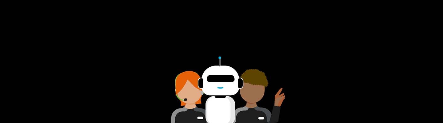An illustration of a female with orange hair and a male with brown curls is shown with a robot in between them to show that users can access Samsung support. 
