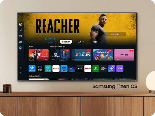 Samsung OLED TV 2024 hiển thị đa dạng các kênh miễn phí và nội dung stream trên màn hình trang chủ Hệ điều hành Samsung Tizen.