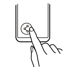 An illustration of a hand tapping a button on the lower left corner of Galaxy S8 screen, representing the “Share” step.