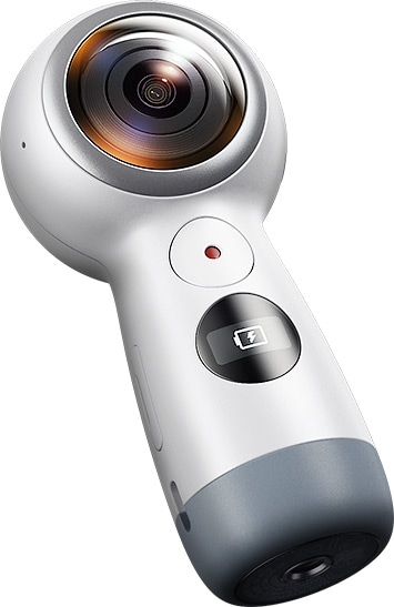 An image of the Gear 360 (2017) laying on its back with a full battery icon displayed on its status screen.
