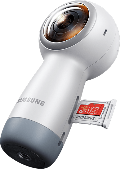 An image of the Gear 360 (2017) laying on its front at a three-quarter view, with a Samsung 256GB memory card in the ejected slot on the side.