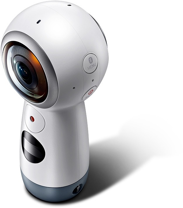 A three-quarter, top-down view of the Gear 360 (2017) from the left.