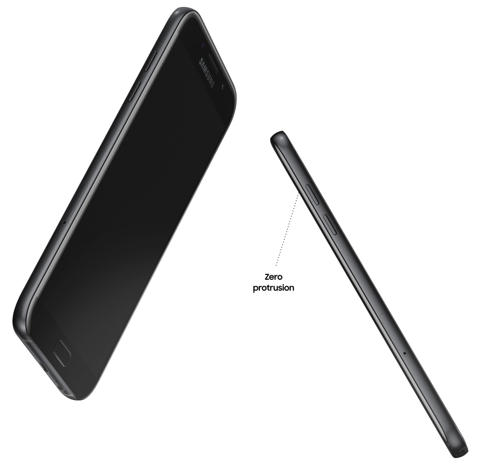 نمای جلو و کناری ‎Galaxy A7 (2017)‎ با تکیه بر طراحی یکپارچه آن بدون داشتن هیچ‌گونه بیرون‌زدگی.