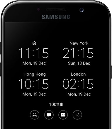 با «نمایشگر همیشه روشن» ‎Galaxy A7 (2017)‎، ساعت و تاریخ را در منطقه‌های زمانی مختلف در یک آن مشاهده کنید.