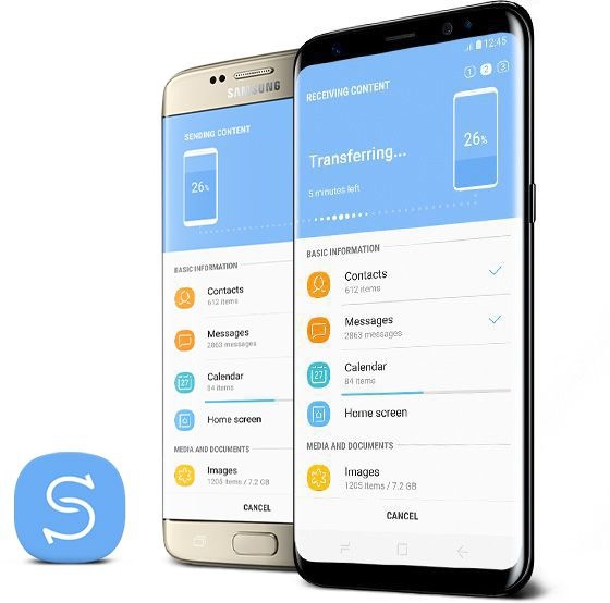 Old smartphone standing next to Galaxy S8 with the Smart Switch app on both screens