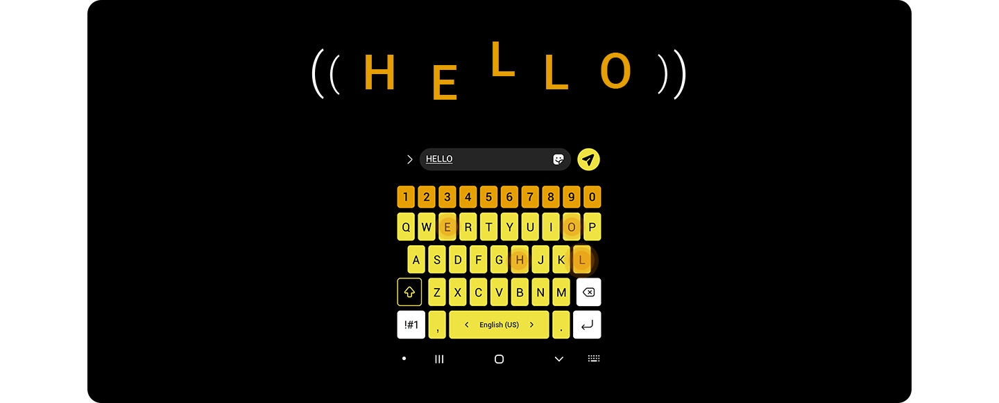 검정 화면에 고대비 노란색 키보드를 보여주는 갤럭시 메시지 앱입니다. 키보드 위에 “Hello” 글자가 보입니다.