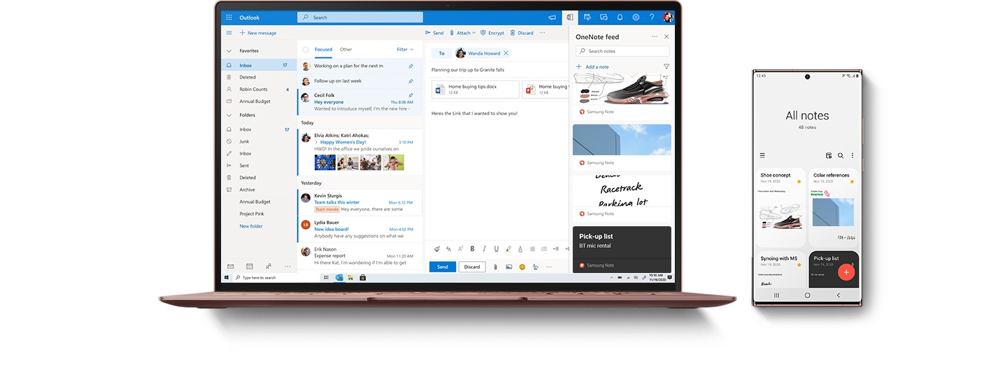 노트북 왼쪽에 Outlook 앱이 열려 있습니다. 오른쪽 갤럭시 스마트폰에 Notes 앱이 열려 있습니다. Outlook 앱에 있는 "OneNote Feed" 탭에는 OneNote와 Notes 앱이 동기화되어 있고 두 대의 기기를 오가며 데이터에 쉽게 액세스할 수 있음을 보여줍니다.