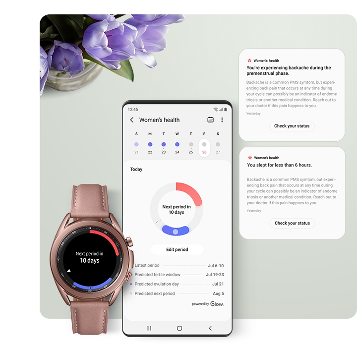 Samsung Health 앱의 여성 생리 사이클을 보여주는 디바이스와 Galaxy Watch의 GUI 화면.