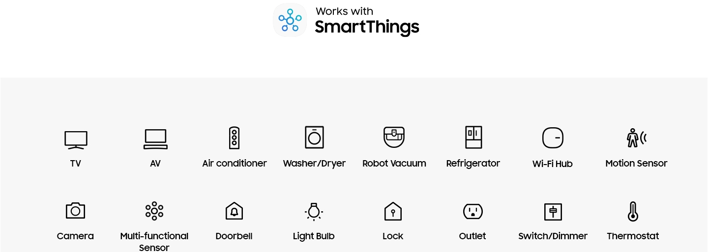 SmartThings 호환' 로고와 SmartThings 앱과 함께 사용할 수 있는 TV, AV, 에어컨, 세탁기, 건조기, 로봇 진공청소기, 냉장고, Wi-Fi 허브, 모션 센서, 카메라, 다기능 센서, 도어벨, 전구, 잠금장치, 전원 콘센트, 스위치/조명 조절장치, 자동 온도 조절 장치 등의 다양한 아이콘