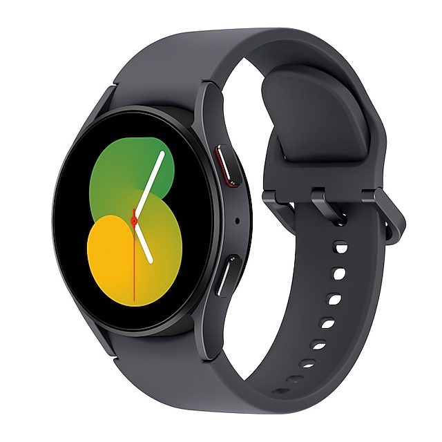 A graphite Galaxy Watch5 with a graphite sport band is shown at a tilted angle.