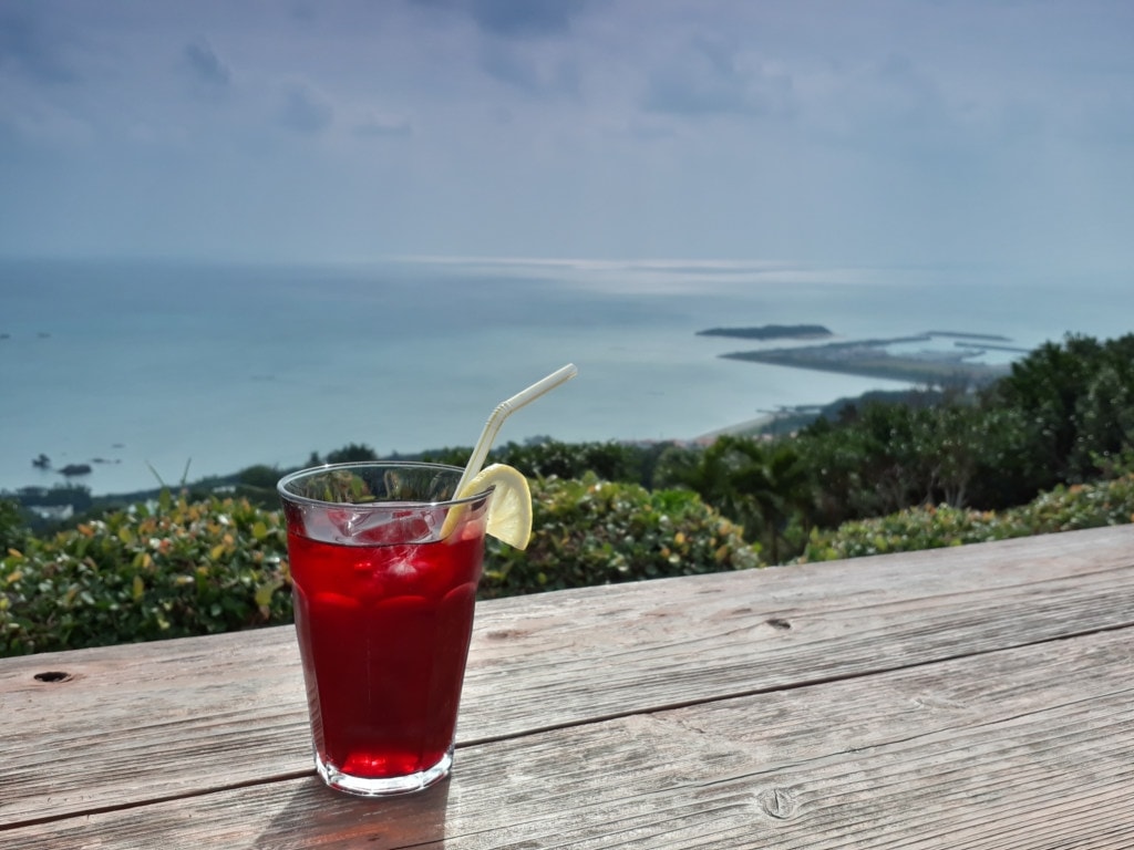 Colorful summer cocktail sits on a wooden table overlooking the seaside below.