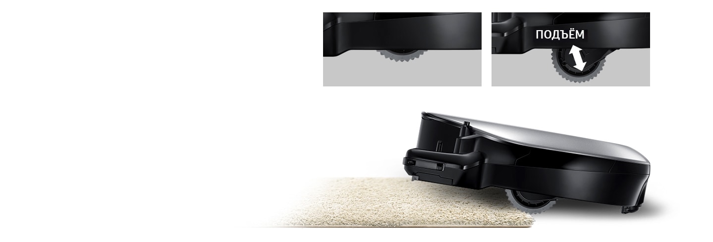 An image of a POWERbot VR7010 device lifting up a carpet using its Easy Pass™ feature. Above it, two magnified images of its wheels are visible, with one in regular mode and the other in lift-up mode.