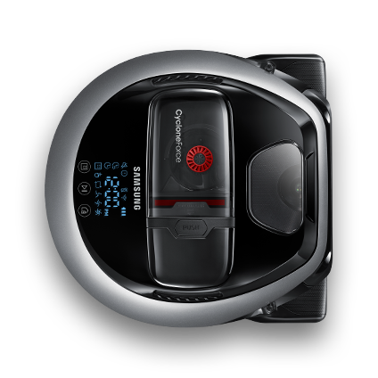 An image that guides a user to position their mouse pointer on the screen to start a Point Cleaning simulation. When the user moves the mouse pointer into position, the image shows a POWERbot VR7000 device operating on tiles, appearing with pointers that show how the device navigates according to the pointer’s movements.