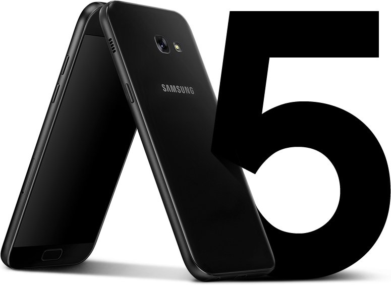 Sıfır çıkıntıyla uniform tasarımını öne çıkarmak için Galaxy A5 (2017)'nin önden ve yandan görünümü.