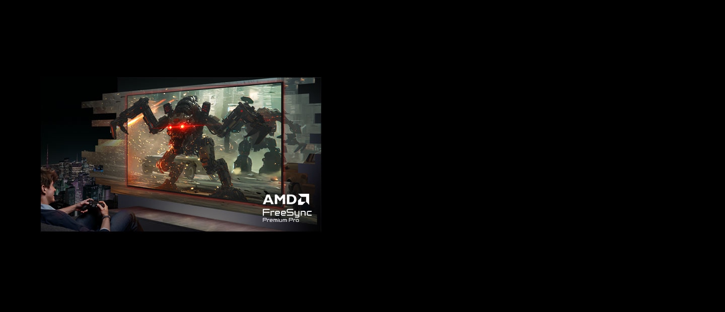 Bir adam televizyonda ekrandan fırlayacakmış gibi görünen, hiper gerçekçi görsellerle oyun oynuyor. AMD FreeSync Premium Pro logosu.