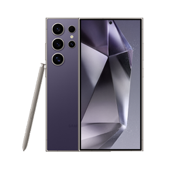 Two Galaxy S24 Ultra phones in Violet, one seen from the front and one seen from the rear. The built-in S Pen leans against the side.