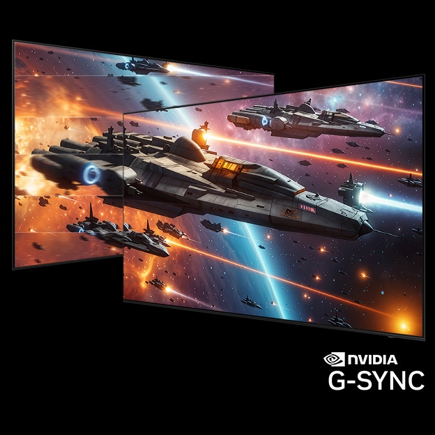 Two overlapping display panels show a detailed space battle scene with large futuristic spacecraft flying through a star-filled galaxy, bright laser beams streaking across the screen, and glowing planetary light in the background. The left screen shows visible screen tearing. The right screen shows the same scene rendered smoothly and seamlessly, with no tearing or distortion. NVIDIA G-SYNC logo highlights tear-free, synchronised gameplay.