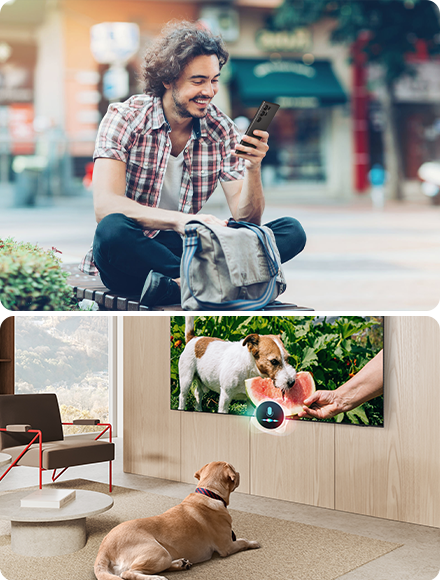 A man sititng outdoors smiles while watching his pet at home via his phone. At home, the dog watches TV.