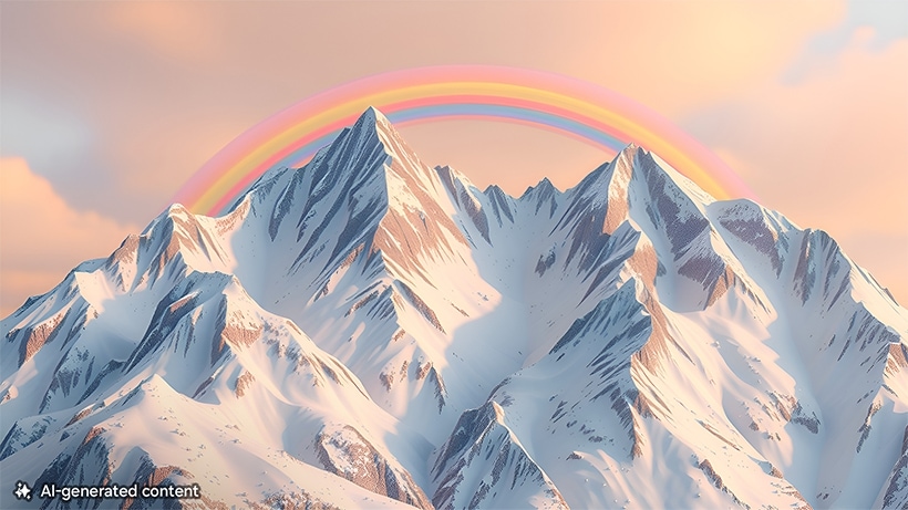 A rainbow over snowy mountain peaks. A note at the bottom reads AI-generated content.