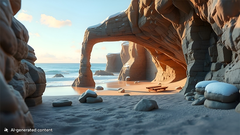 A sandy beach with many rocks and cliffs. A note at the bottom reads AI-generated content.