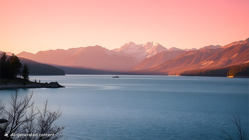 A peaceful lake with a boat on the water and mountains in the background. A note at the bottom reads AI-generated content.