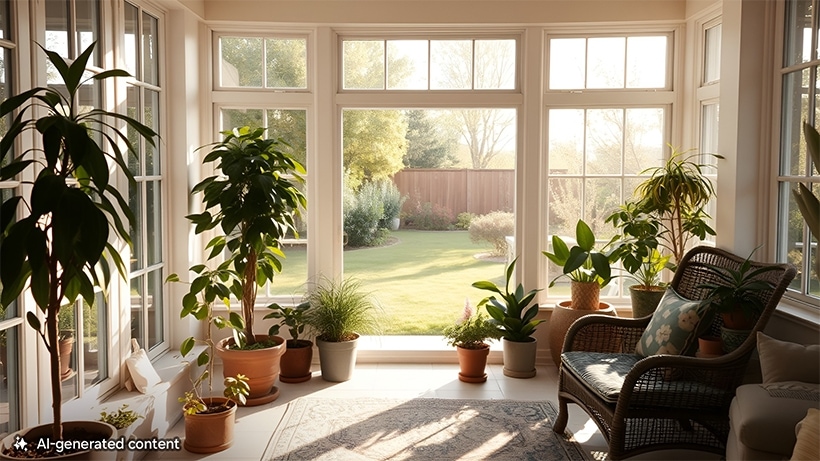 A sunny room with many plants and windows. A note at the bottom reads AI-generated content.