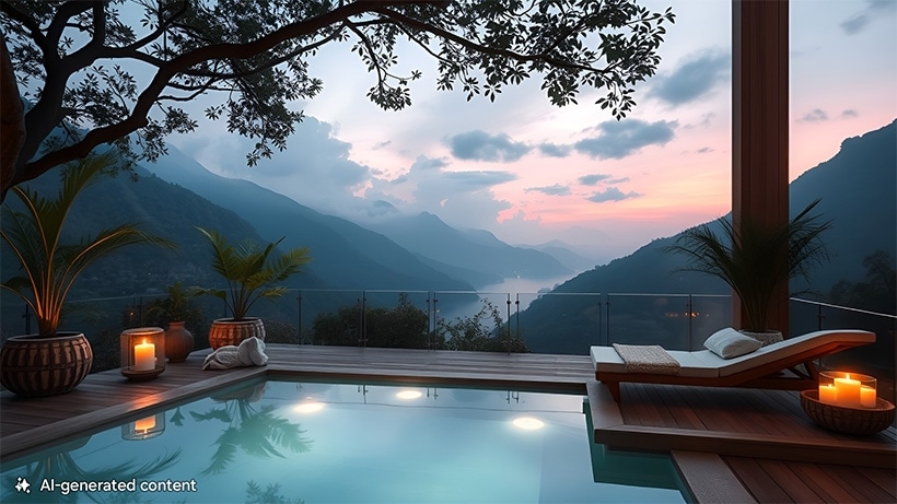 An outdoor patio with a pool. A sunset against mountains in the background. A note at the bottom reads AI-generated content.