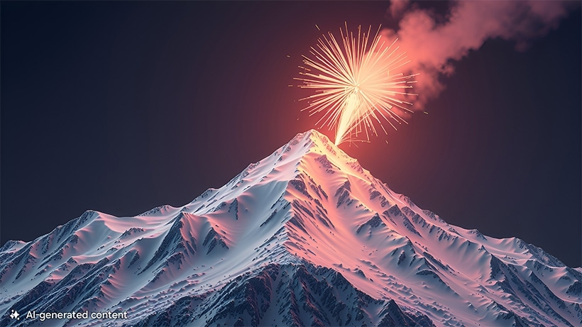 A snowy mountain peak with fireworks and smoke coming out from the top. A note at the bottom reads AI-generated content.