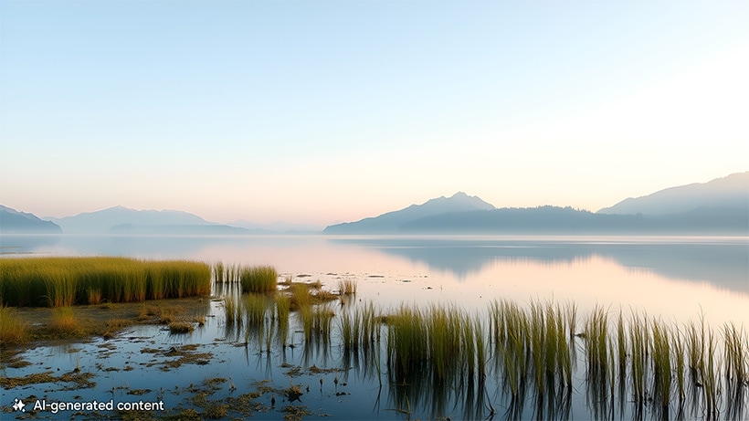 A peaceful marsh with plants in the water. Mountains are in the background. A note at the bottom reads AI-generated content.