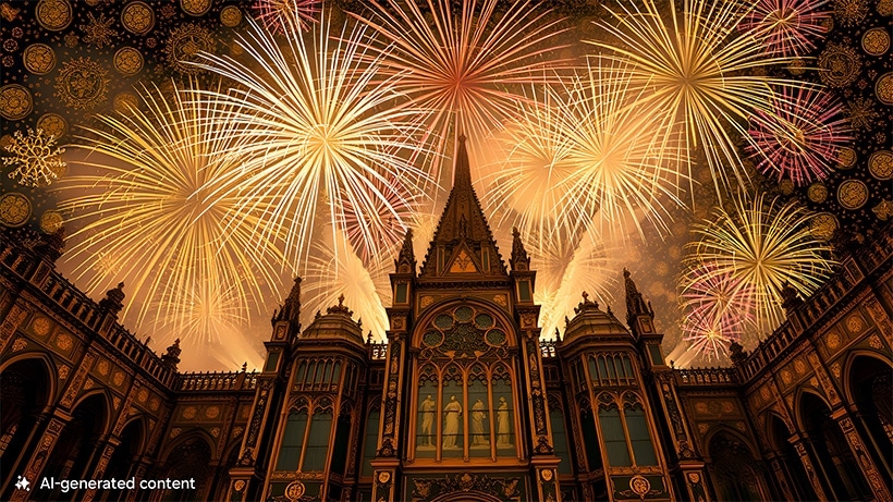 An elaborate cathedral with bright fireworks lighting up the night sky. A note at the bottom reads AI-generated content.