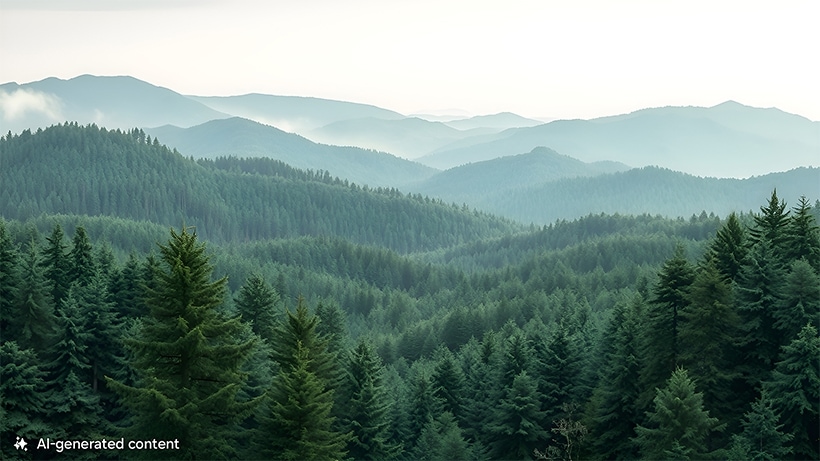 A series of mountains with green trees. A note at the bottom reads AI-generated content.