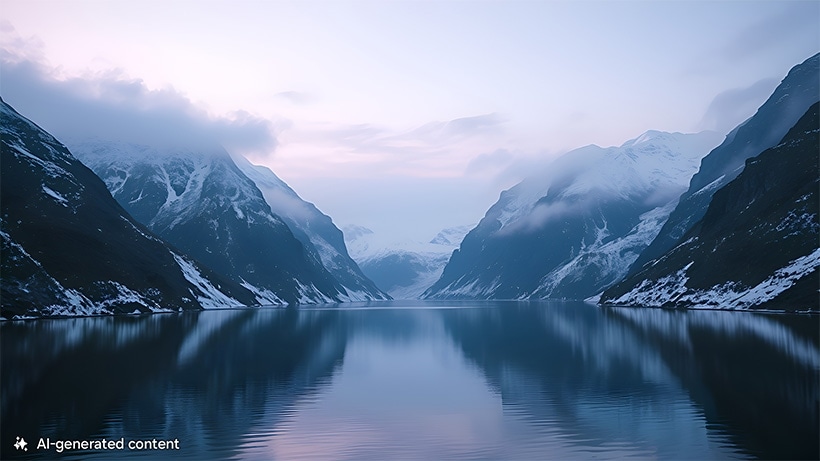 A still lake with snowy mountains in the background. A note at the bottom reads AI-generated content.