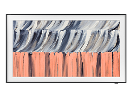 A Samsung The Frame LS03HE TV displays colorful artwork on screen.