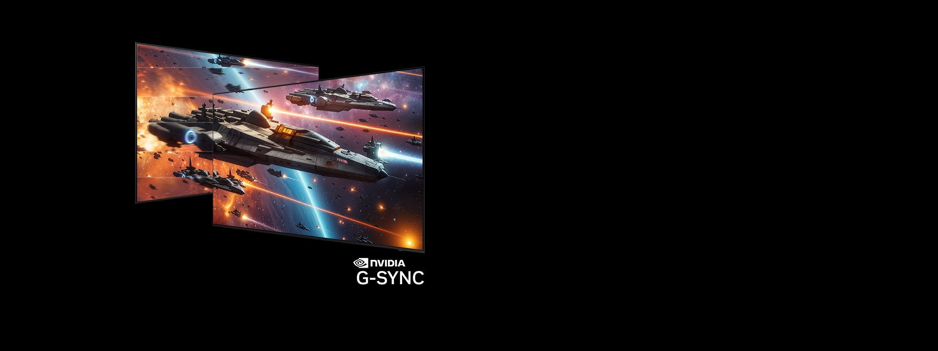 Two overlapping display panels show a detailed space battle scene with large futuristic spacecraft flying through a star-filled galaxy, bright laser beams streaking across the screen, and glowing planetary light in the background. The left screen shows visible screen tearing. The right screen shows the same scene rendered smoothly and seamlessly, with no tearing or distortion. NVIDIA G-SYNC logo highlights tear-free, synchronized gameplay.