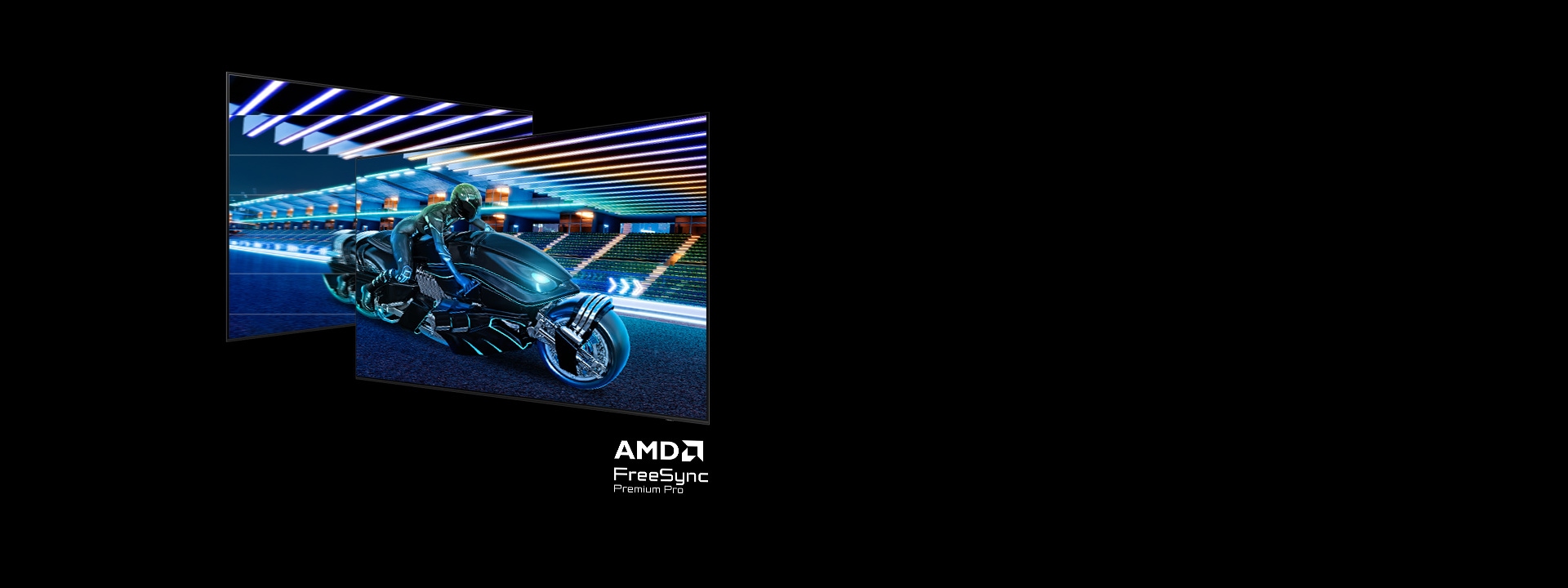 Two overlapping gaming screens show a futuristic rider on a sleek, neon-lit motorcycle racing through a brightly illuminated stadium at night. The left screen shows visible screen tearing. The right screen shows the same scene rendered smoothly and seamlessly, with no tearing or distortion. AMD FreeSync Premium Pro logo highlights tear-free, responsive gameplay performance.