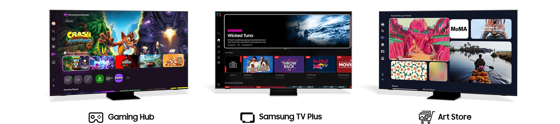 Three TVs showing the UI for Gaming Hub, Samsung TV Plus and Art Store.