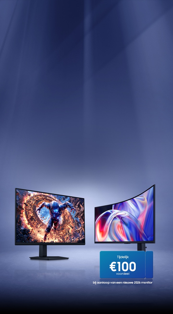 Een Odyssey-monitor met een headset, een muis en een toetsenbord. Een coupon voor gratis cadeaus met een waarde tot $200. Een ViewFinity-monitor met een SSD en een coupon voor gratis cadeaus met een waarde tot $100.